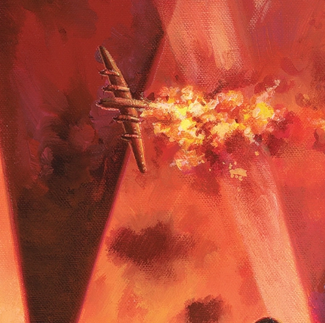 A Lancaster in flames on the Into the Cauldron Artwork